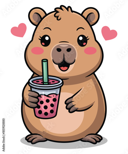 Cute Capybara Drinking Boba Bubble Tea Kawaii T Shirt Design