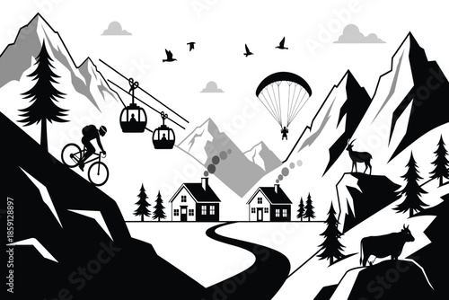 a picturesque monochrome illustration depicts a mountainous landscape with outdoor activities including paragliding cycling and skiing high quality professional