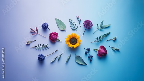 Colorful Flowers and Leaves Arranged on Blue Background Flat Lay
