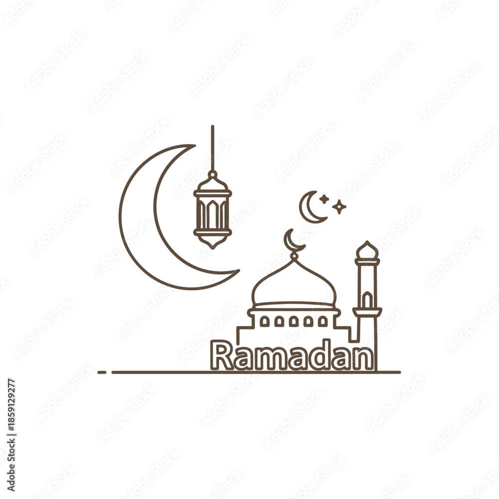 Fototapeta premium Ramadan Islamic Symbols: Mosque, Crescent Moon, Lantern, Stars, Line Art