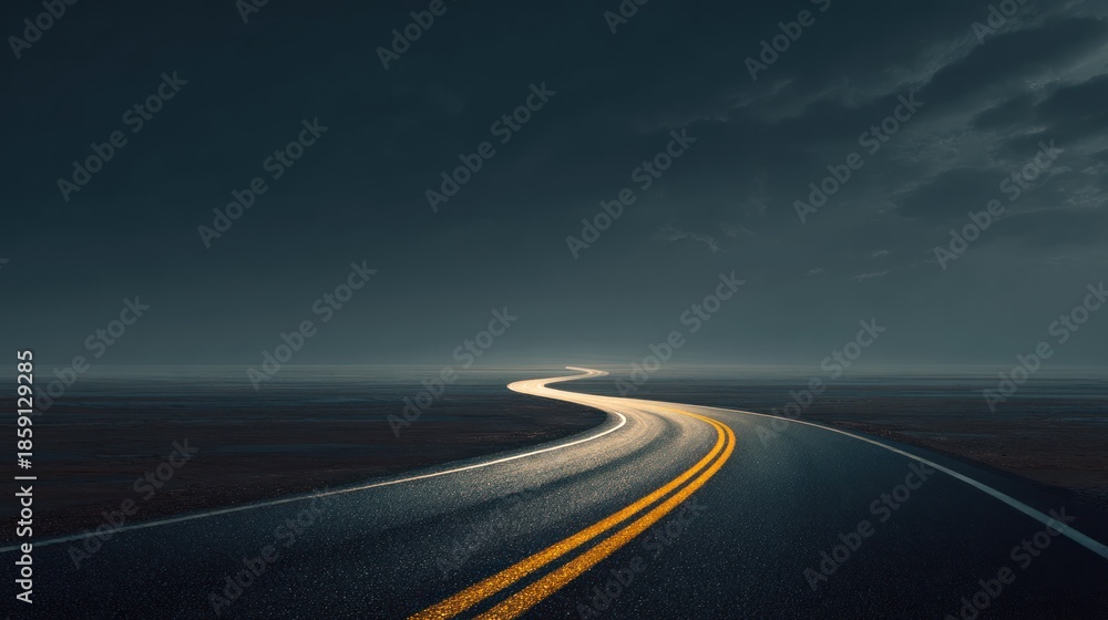 Fototapeta premium Serene Curved Road Under Dramatic Sky During a Gloomy Evening