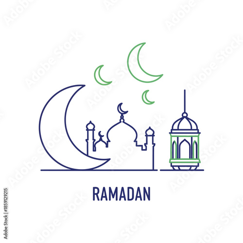 Ramadan Islamic mosque, moon, and lantern line art illustration. Muslim holiday celebration.