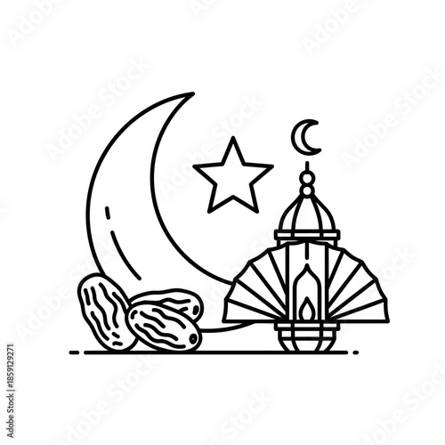 Ramadan Islamic Symbols: Crescent Moon, Star, Dates, and Fan Lantern Icon