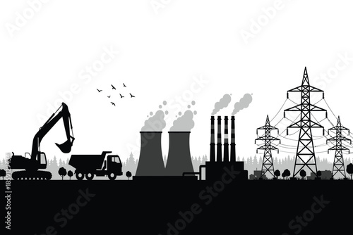 A stark black and white illustration depicts an industrial landscape with power plants transmission towers and heavy machinery symbolizing energy production