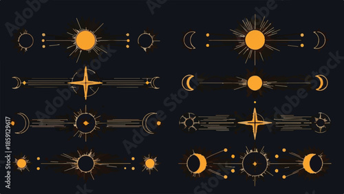 Set of Gold Celestial Decorative Dividers Vector Illustration. Sun, Moon, and Star Line Art Separators. isolated PNG with Transparent Background