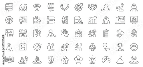 Collection of various business and finance related line icons.