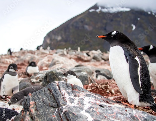 Antarctic penguins on rocky outcrop