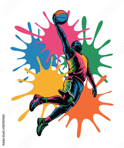 Colorful Basketball Player Slam Dunk Art Illustration T-shirt Design