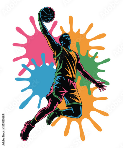 Colorful Basketball Player Slam Dunk Sports T-Shirt Design