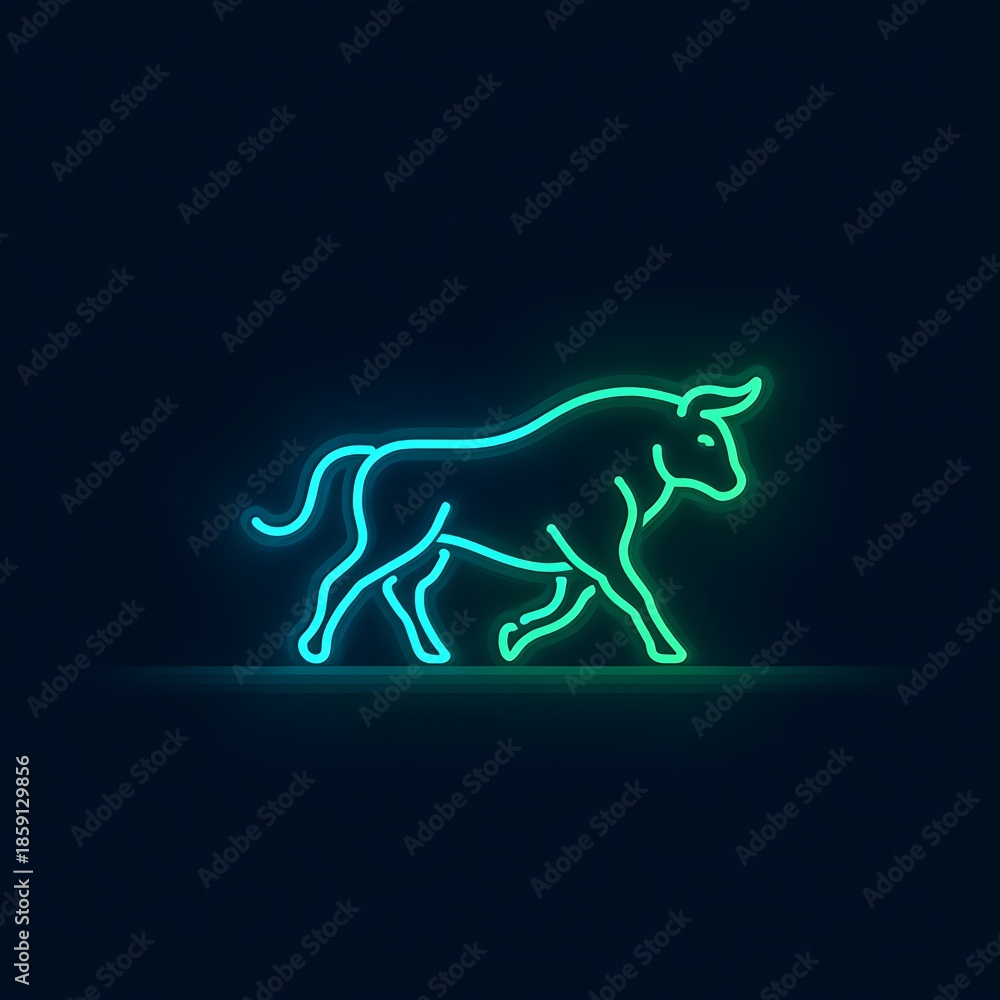 Obraz premium Minimal neon bull icon, glowing blue and green outline, clean dark background,