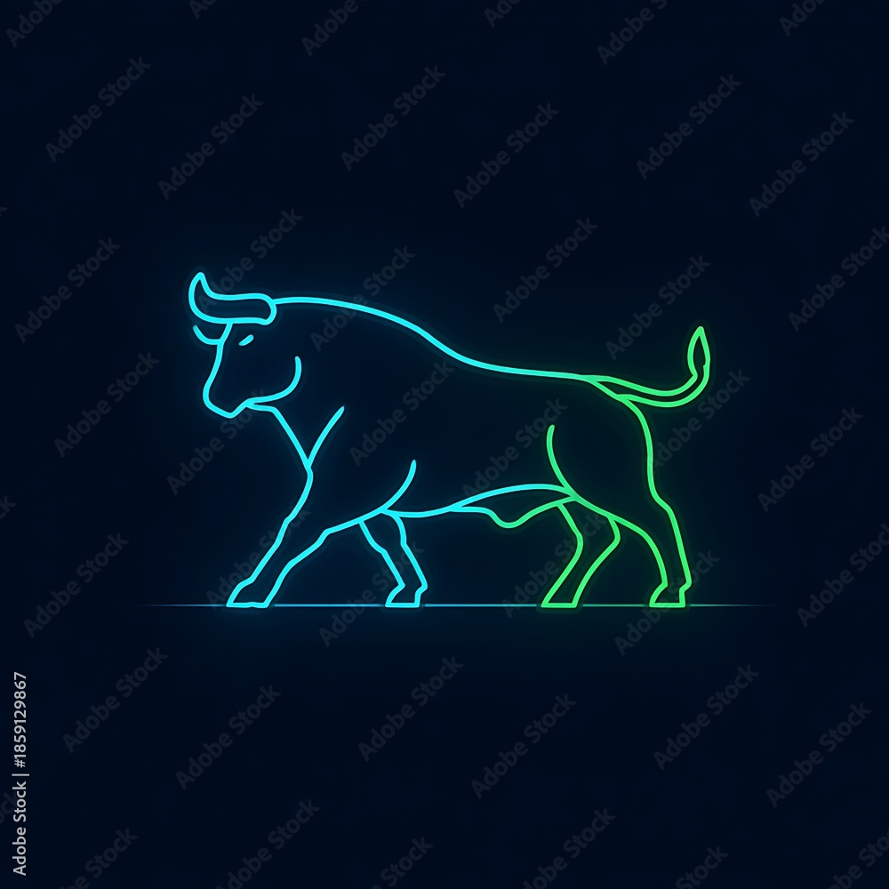 Fototapeta premium Minimal neon bull icon, glowing blue and green outline, clean dark background,