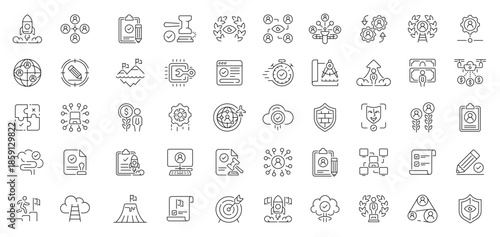 Collection of various technology and business related line icons.