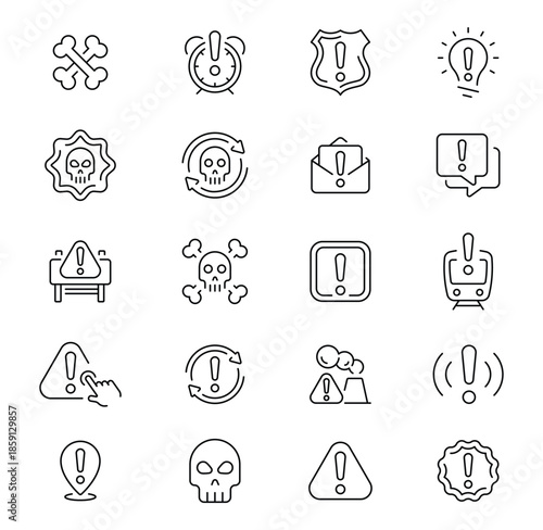 Collection of Warning and Hazard Line Icons Representing Important Alerts and Dangers.