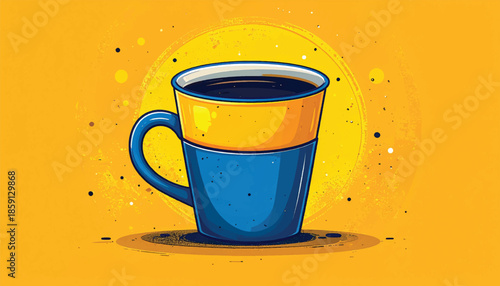 Stylized Coffee Cup Illustration with Yellow and Blue Colors.