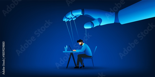 Artificial Intelligence Control Concept with Robot Hand Manipulating Human Worker, AI Power Over Humanity, Technology Domination, Ethical AI, Automation and Human Control Background