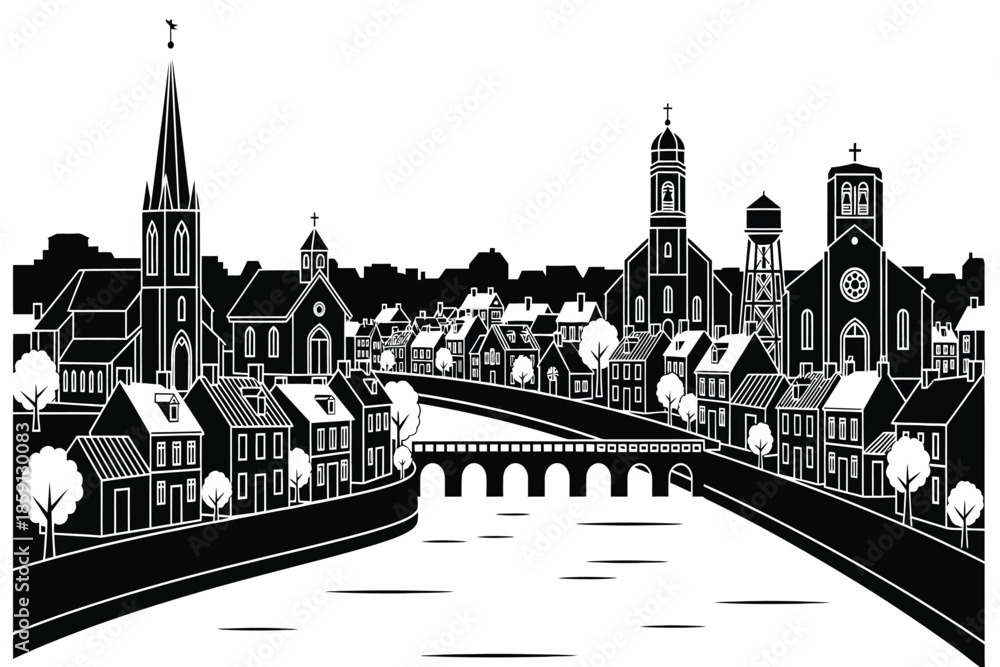 Fototapeta premium A striking black and white illustration depicts a quaint european town with a river running through it showcasing architectural details