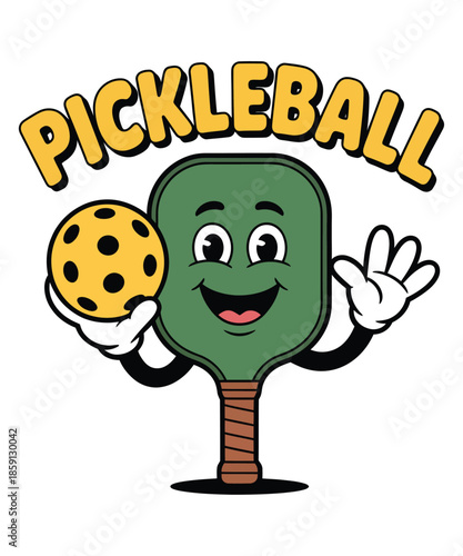 Pickleball Paddle Mascot Yellow Ball Fun Illustration T-shirt Design