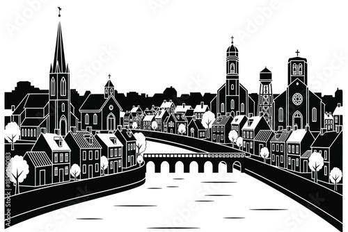 A striking black and white illustration depicts a quaint european town with a river running through it showcasing architectural details