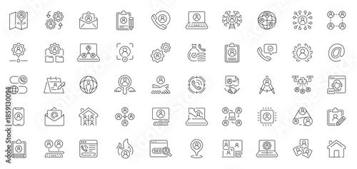 Comprehensive collection of thin line icons representing various digital and technological concepts.