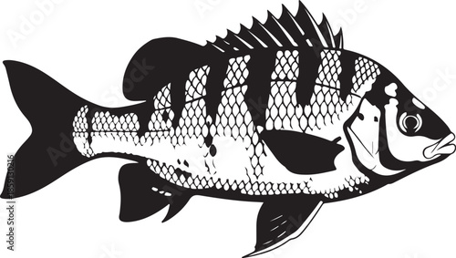 Black and white illustration of a fish with stripes and scales