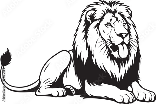 Majestic lion lying down with tongue out
