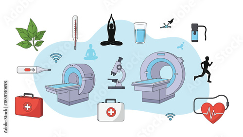 Medical imaging equipment and health-related symbols for healthcare.