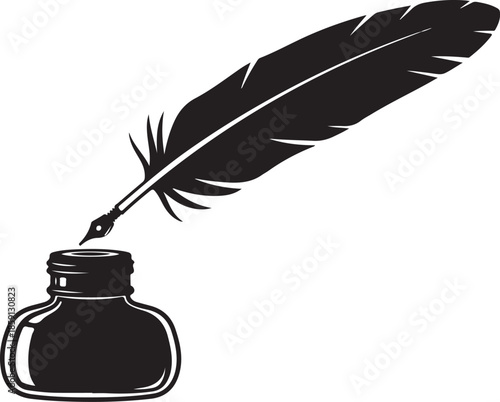 Quill pen dipped in ink bottle