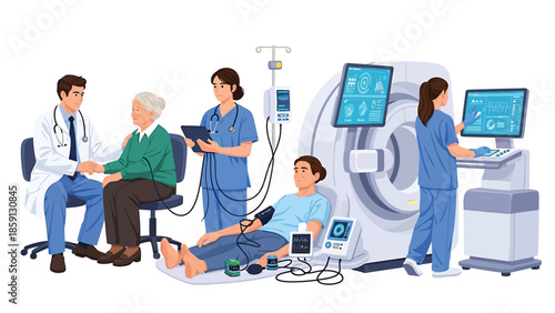 Medical professionals assisting patients with advanced diagnostic imaging procedures in a hospital setting.