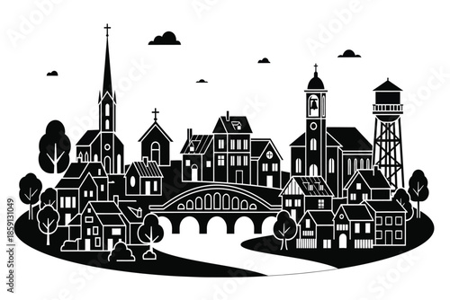 a striking black and white illustration depicts a charming european townscape with prominent church spires and unique architecture
