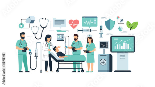 Medical professionals attending to a patient in a hospital setting with equipment.