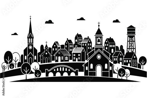 a striking black and white cityscape illustration depicts a quaint town with varied buildings trees and a rolling landscape