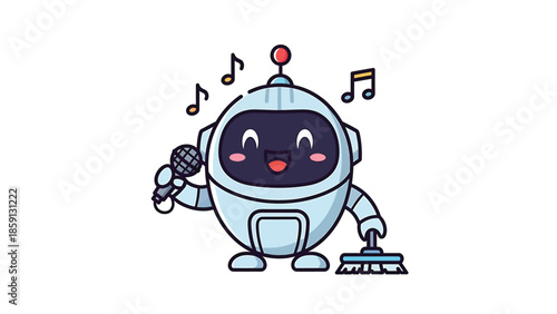 Singing robot holding microphone and broom, cute cartoon character.