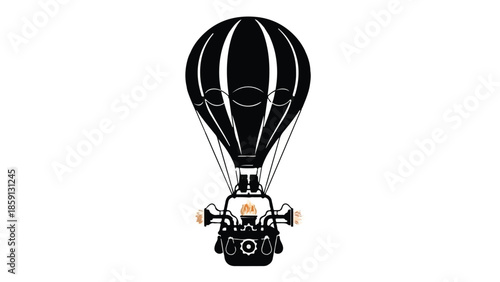 Steampunk hot air balloon with intricate mechanical details and a classic basket design