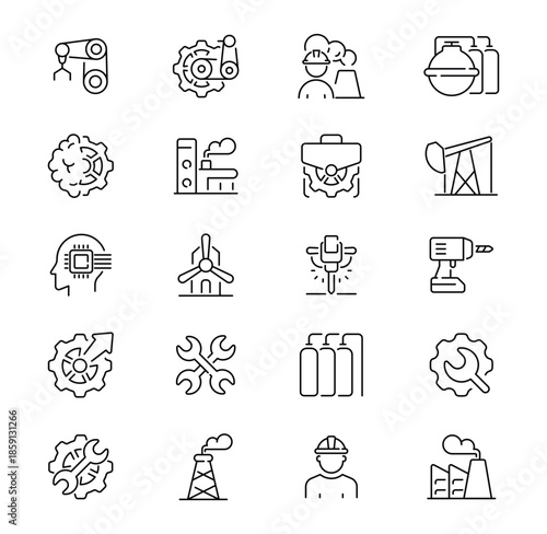 Industrial and engineering line icons set for various industries.