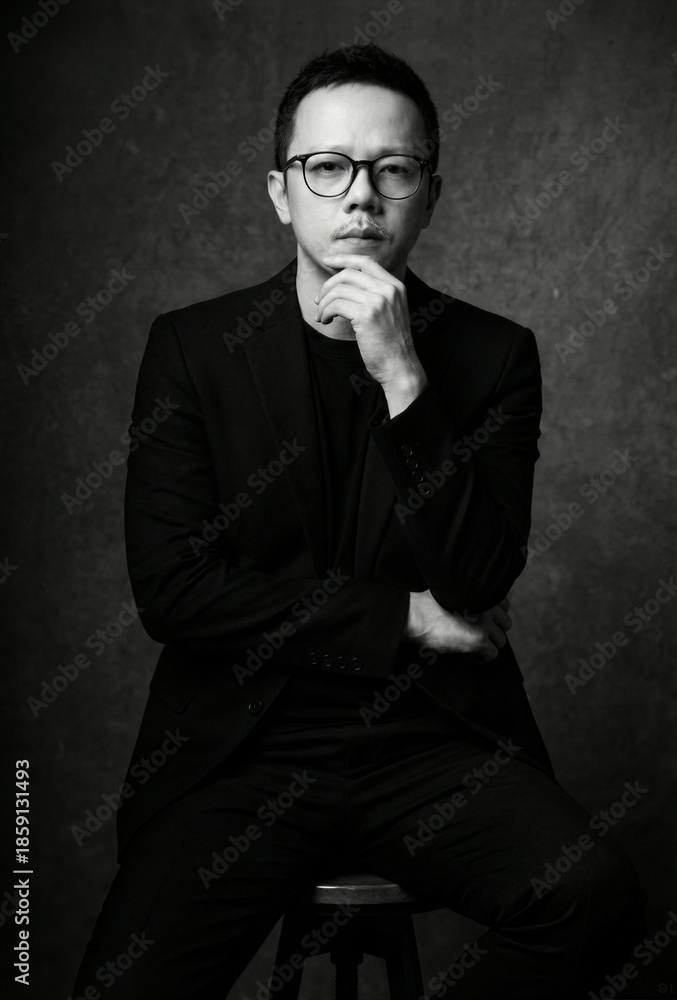 Fototapeta premium Stylish thoughtful asian businessman posing in black suit portrait