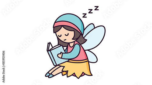 Sleeping fairy girl reading a book with closed eyes, dreaming of stories.