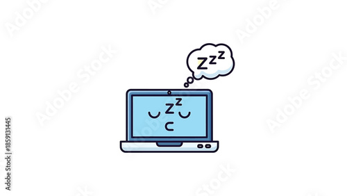 Sleeping laptop computer with closed eyes and a thought bubble, cartoon style.