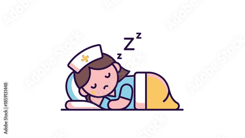 Sleeping nurse in uniform resting on a pillow with a white background.