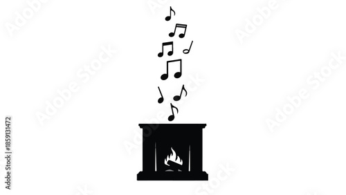 Musical notes rising from a cozy fireplace, symbolizing inspiration and creativity.