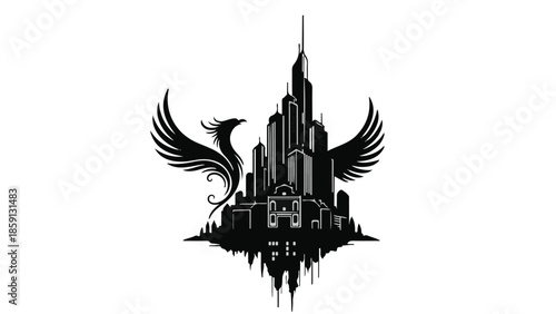 Majestic phoenix soaring over a futuristic cityscape at dawn, symbolizing rebirth and progress.