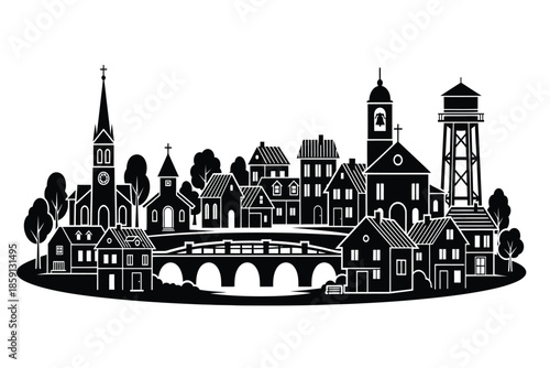 a striking black and white illustration depicts a quaint european townscape with a church bridge and varied architecture