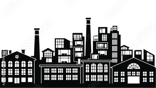 Diverse industrial buildings and modern architecture create a striking urban skyline silhouette.