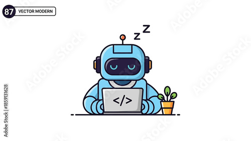 Sleeping robot programmer working on laptop with plant, coding concept illustration.