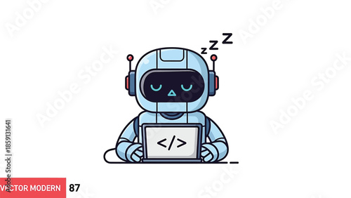 Sleeping Robot Programmer with Code on Laptop Screen.