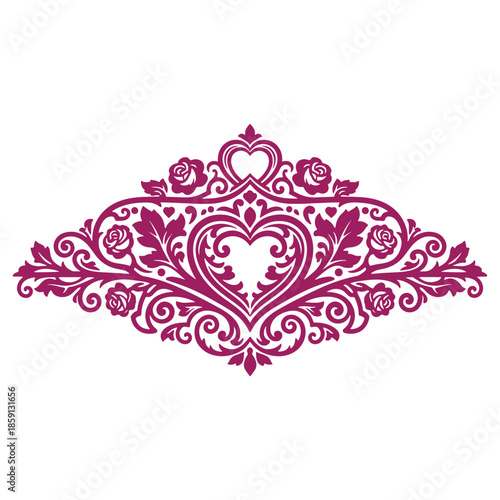 Intricate HeartShaped Floral Design with Swirling Vines and Roses Decorative Element