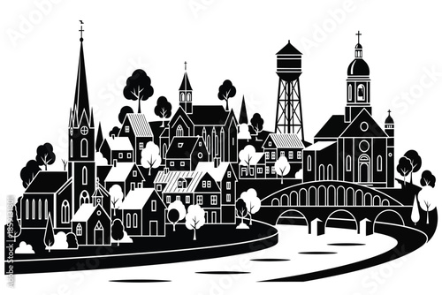 A striking black and white illustration depicts a quaint european town with spired buildings a river and a water tower