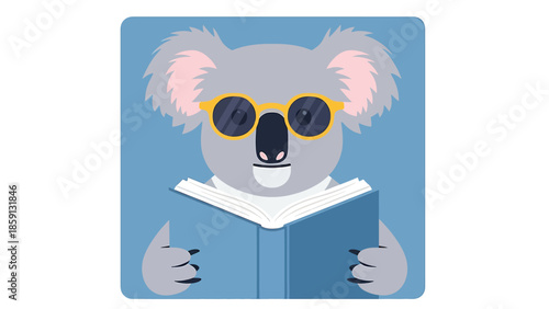 Smart koala wearing glasses reading a book, enjoying knowledge and wisdom.