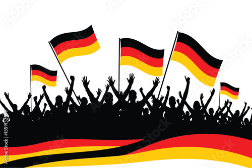 A vibrant depiction of german national pride illustrated with waving flags and a jubilant crowd silhouette high quality professional