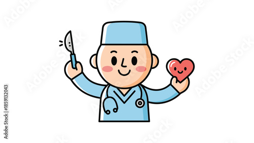 Smiling doctor holding a scalpel and a heart, ready for surgery.