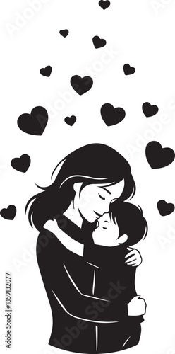 Mother and child embrace with hearts